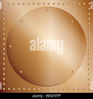 A bronze or copper plate background with a rivet border and circle of metal within Stock Vector