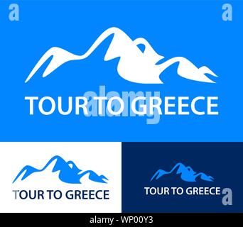 Set of logo templates for a tours to Greece. Colorful vector illustration in blue color with mountains silhouettes and text inscriptions. Pleasant col Stock Vector