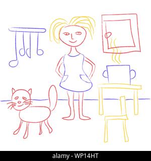 Child's drawing with crayons. Cute kids doodle depicting a girl and a cat in the kitchen. Girl or woman cooking food. Vector EPS10 Stock Vector