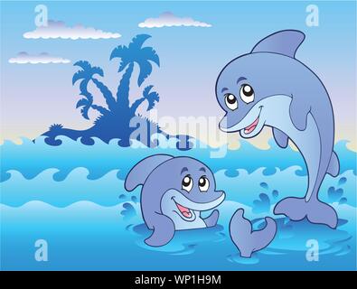 Two dolphins playing in waves Stock Vector