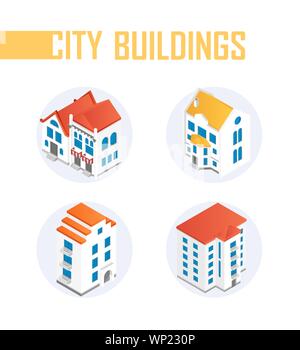 City buildings - modern vector colorful isometric elements on white background. High quality collection of four objects, apartment houses, shops, cafe Stock Vector