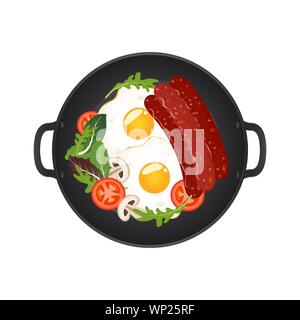 Hot frying pan with fried eggs, sausages, mushrooms, tomatoes and lettuce, top view. Isolated on white background. Vector illustration. Stock Vector