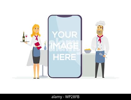 Restaurant staff - cartoon people characters isolated illustration on white background. Cafe workers, chef and a waiter. Catering professionals in uni Stock Vector