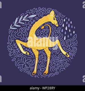 Cartoon giraffe vector flat illustration in scandinavian style. Dancing african cute animal round card. Stock Vector