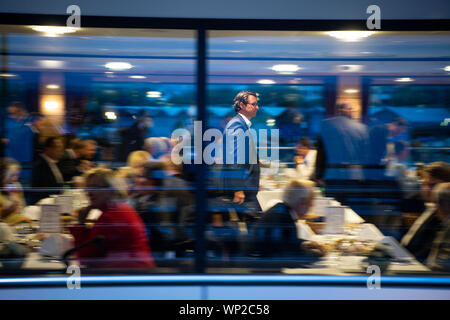 06 September 2019, Bavaria, Weßling: Andreas Scheuer (CSU), Federal Minister of Transport, will walk through the ship's restaurant during the cruise on Lake Starnberg as part of the CSU board meeting. Photo: Lino Mirgeler/dpa Stock Photo