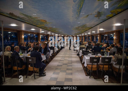 06 September 2019, Bavaria, Weßling: Participants of the CSU board meeting sit on the Starnberger See during the cruise in the restaurant deck of the ship within the framework of the CSU board meeting. Photo: Lino Mirgeler/dpa Stock Photo