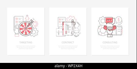 Business strategy - line design style icons set, banners with place for text. Targeting, client consulting idea illustrations. Signing contracts, deve Stock Vector