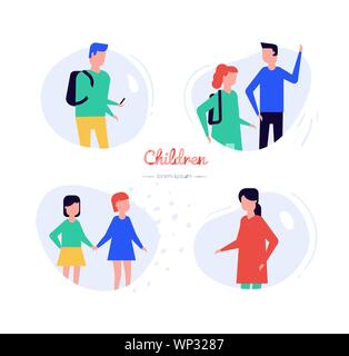 Children - flat design style vector characters set. Little girls holding hands, young people talking illustrations. Teenager walking and talking on sm Stock Vector