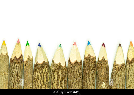 Colored pencils made from branches of trees isolate on white background. Stock Photo