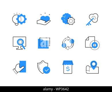 Modern online technology color line icons set. Mobile shopping, cyber security, cloud storage and files synchronization symbols. Computer with magnifi Stock Vector