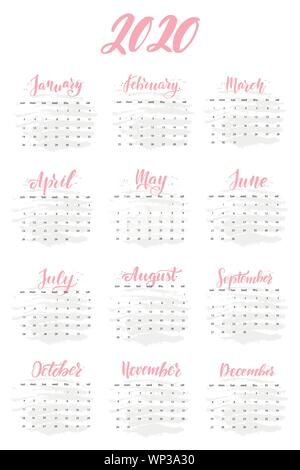 Brush lettering 2020 year wall calendar. English language.  Stock Vector