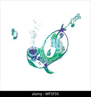 Gradient illustration of octopus smoking through a whale. Stock Vector