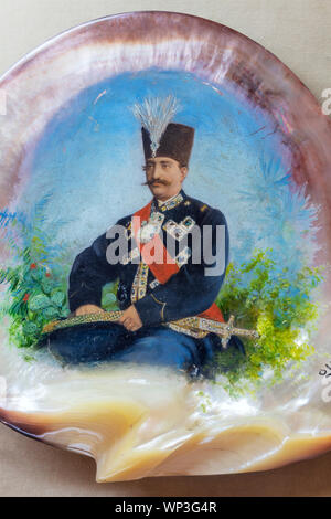 Naser al-Din Shah Qajar (1831-1896), Nassereddin Shah Qajar, portrait on nacre, Golestan Palace, Tehran, Iran Stock Photo