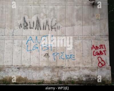 Sarajevo, Bosnia Herzegovina. 6th Sep, 2019. Homophobic graffiti displayed prominently in the Sarajevo city center where the first official Pride Parade will take place this Sunday, September 8th. The parade will take place under intense security due to potential threats by conservatives and extremists and a past history of violence. Credit: Sachelle Babbar/ZUMA Wire/Alamy Live News Stock Photo