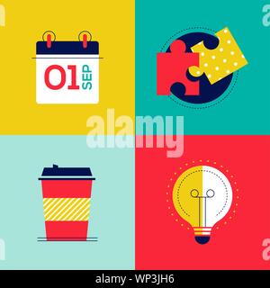 Office work - colorful flat design style elements. High quality unusual collection of bright images. A calendar, puzzle pieces, coffee to go, light bu Stock Vector
