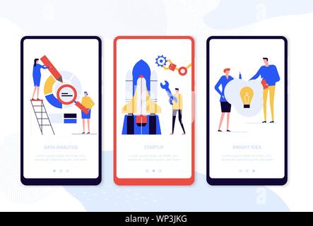 Startup launching - set of vector web pages for smartphone. Data analysis, start up, bright idea webpage, app steps. Colleagues brainstorming, working Stock Vector