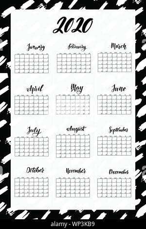 Brush lettering 2020 year wall calendar. English language.  Stock Vector