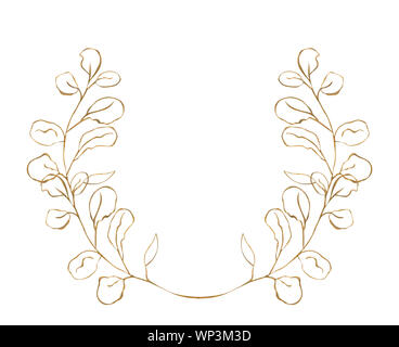 Illustration of watercolor drawing golden contours of plant leaves on a white isolated background in the form of a floral semi circle Stock Photo