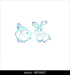 Color illustration of two rabbits in love. Chinese rabbits. Tattoo idea. Stock Vector