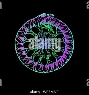 Neon illustration of a Uroboros snake eating its tail. Pattern, idea for tattoo. Stock Vector