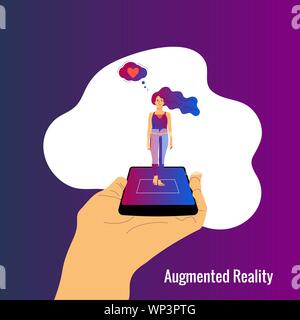 Human hand is holding smartphone with augmented reality app on screen showing hologram of a woman Stock Vector