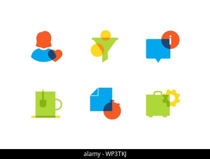Business and finance - flat design style icons set. High quality collection with colorful images of a profile and like button, sales funnel, informati Stock Vector