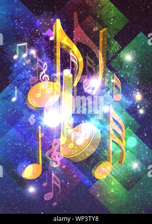 Colorful retro style music poster design background with hard paper texture and music notes. Stock Photo
