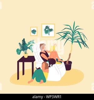Two girls are sitting in armchair and reading book together in cosy room with potted tropical plants. Isolated on white background. Stock Vector