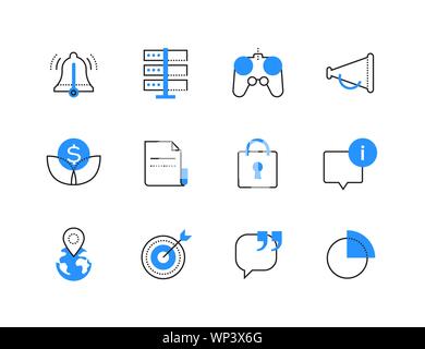Advertising business and technology color icons set. Target marketing campaign, customer attraction and notification symbols. Computer server, gamepad Stock Vector