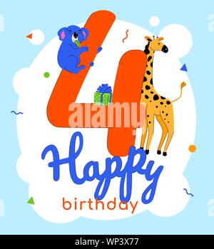 Children 4th birthday greeting card vector template. Cute animals cartoon characters. Adorable koala, giraffe flat illustration with number four. Four Stock Vector