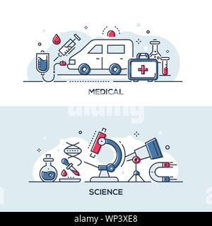 Medical and science - modern line design style illustrations. A collection of compositions with an ambulance, syringe, first aid kit, dropper, flask, Stock Vector