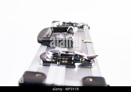 Aluminum case for a working tool on a white background, free space for dext Stock Photo