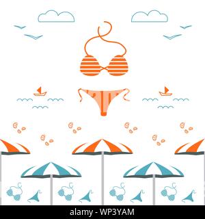 Illustration of swimsuit, shells, parasol, sand, waves, boat, seagull, cloud the beach elements on orange color background. Summer vector square banne Stock Vector
