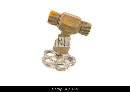 Old water tap on white background, space for text Stock Photo
