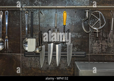 kitchen utensil holder, magnetic knife rack kitchen, stainless steel, utensil rack, kitchen knives, kitchen knife holder, hang, knife block Stock Photo