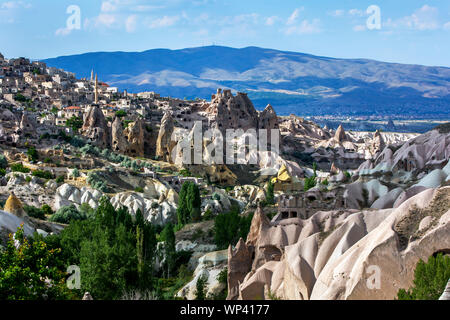 A view of Pigeon Valley showing fairy chimneys and coloured rock formations. Pigeon Valley is located at Uchisar in Turkey. Stock Photo