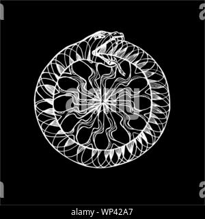 Black and white illustration of a Uroboros snake eating its tail. Pattern, idea for tattoo. Chalk on a blackboard. Stock Vector