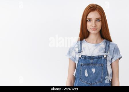 Serious-looking redhead teenage girl with blue eyes look sincere hopeful, have important conversation, something interesting tell you, have pleasant t Stock Photo