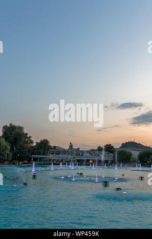 PLOVDIV, BULGARIA - AUGUST 25, 2019: Sunset view of Singing Fountains at Tsar Simeon Garden in City of Plovdiv, Bulgaria Stock Photo