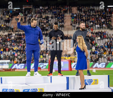 Brussels - Belgium - Sep 6: Daniel Stahl (SWE), Orlando Ortega (ESP), Tomas Walsh (NZL) with their diamond league trophy at the King Baudouin Stadium, Brussels, Belgium on the 6 September 2019. Gary Mitchell/Alamy Live News Stock Photo