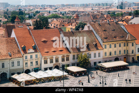 Piata Mare Large Square from Council Tower in Sibiu, Romania Stock Photo
