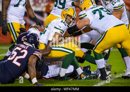 Chicago, Illinois, USA. 05th Sep, 2019. - Bears #95 Roy Robertson-Harris  takes a break during the NFL Game between the Green Bay Packers and Chicago  Bears at Soldier Field in Chicago, IL.