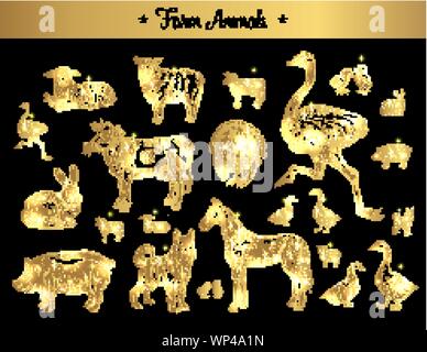 Set of isolated vintage golden and royal sketches of farm animals. Pig or swine, dog and horse, farm or rabbit, bunny and cow, ostrich or camel-bird, turkey and chickens, duck. Domestic animals theme Stock Vector