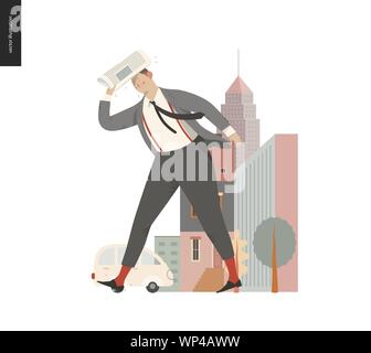 Rain - running businessman -modern flat vector concept illustration of an adult man wearing suit and tie, with a newspaper, running under the rain in Stock Vector