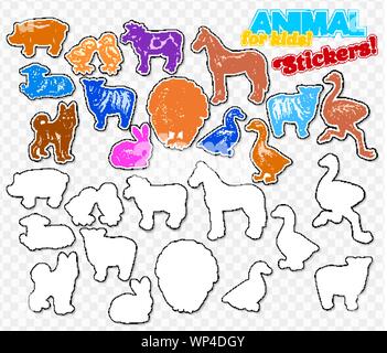 Farm animals set in sketch style on colorful stickers. Isolated on transparent background. Can be used for cute kids coloring book or game. Include silhouette for paper cutting horse, turkey,cow, chicken,cow,sheep, ostrich, goose, duck, pork, lamb and rabbit. Stock Vector