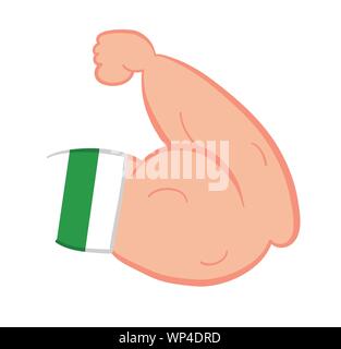 Vector illustration man showing arm muscle. Hand drawn. Colored outlines. Stock Vector