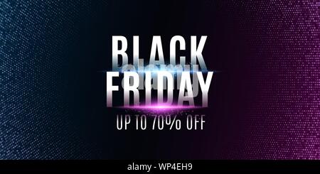 Abstract banner for black friday. Grand sale. Effect halftone. Glowing dots. Modern design for your business project. Stylish glowing text with flashe Stock Vector