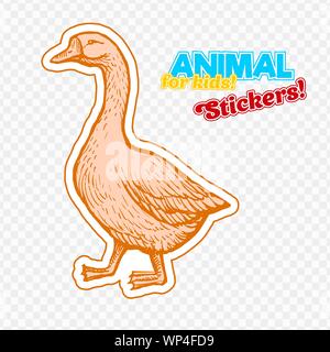Farm animal goose in sketch style on colorful sticker. Isolated on transparent background. Can be used for cute coloring book for children. Include silhouette for paper cutting Stock Vector