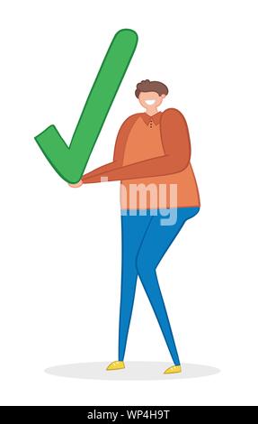 Vector illustration man holding check mark. Hand drawn. Colored outlines. Stock Vector