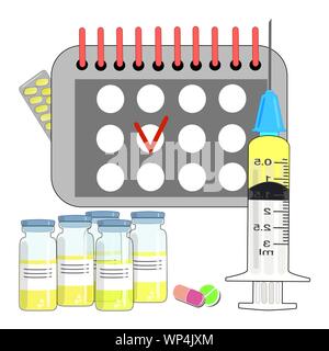 Time to vaccinated. Flat concept of a syringe with a vaccine. A bottle of medicine. Isolated. Vaccination calendar. Vector Stock Vector